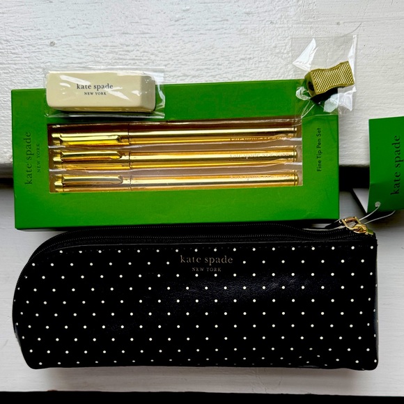 Kate Spade Black Polka Dot Pouch with Gold Pen Set NWT - Picture 1 of 5